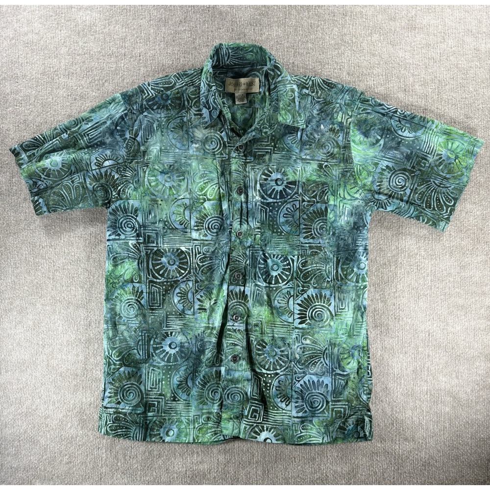 Johari West‎ Shirt Mens M Green Abstract Tribal Button Up Short Sleeve Cotton